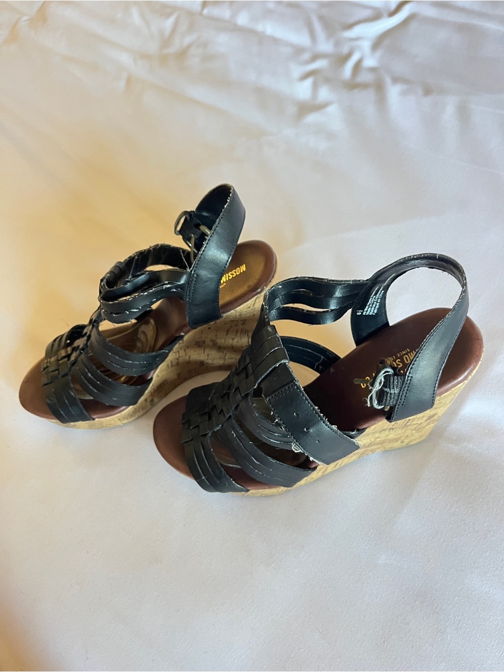 Mossimo Supply Co Black Cork Wedge Sandals Size 6.5 Strappy Heel 👡